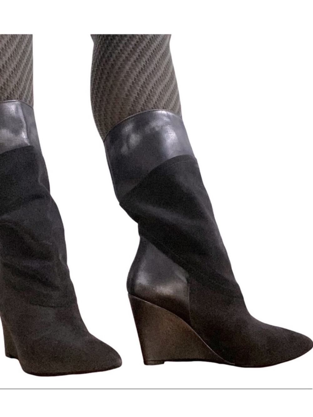 Black Wedge Knee-High New Boots Suede Leather Pointed Toe Retro Style Size 9